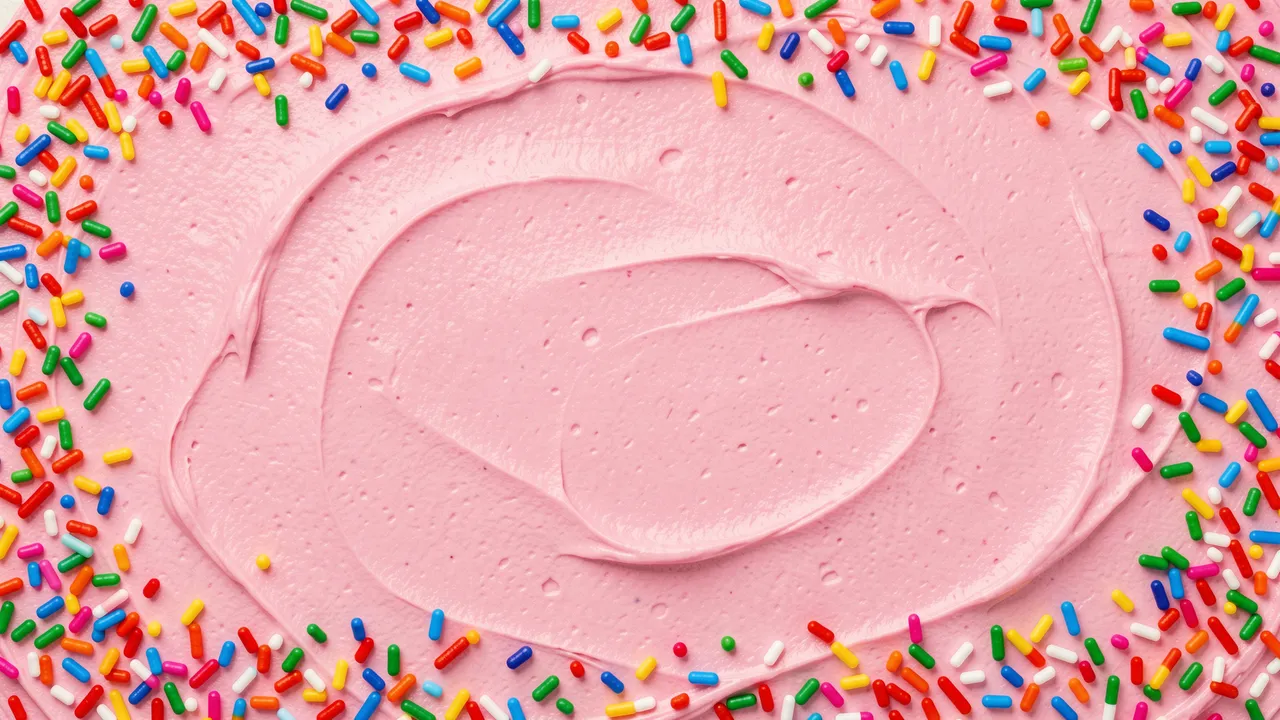Smooth swirled pink frosting backdrop lined with rainbow sprinkles along its edges, with an empty copy space center
