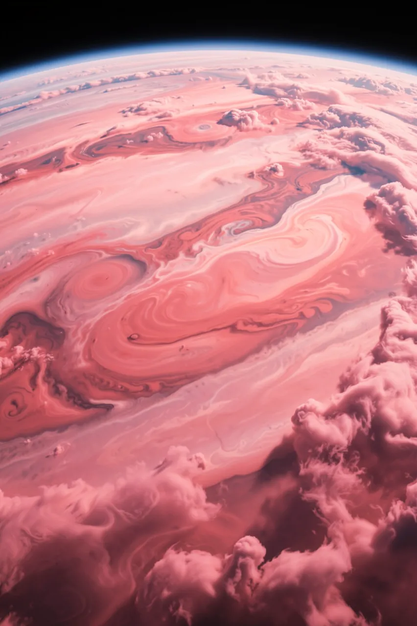 High orbital view above swirling pink storm bands and cloud tops of a gas giant planet