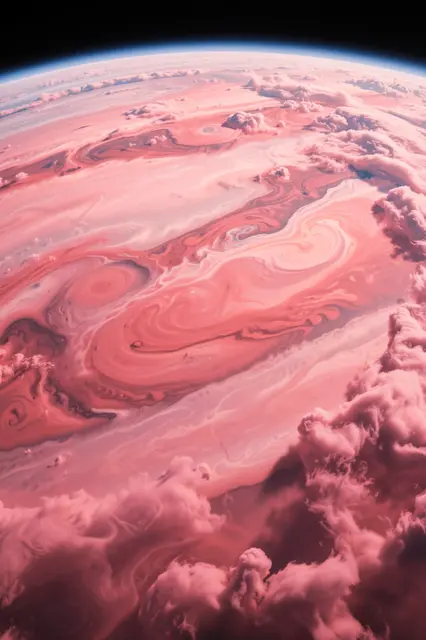 High orbital view above swirling pink storm bands and cloud tops of a gas giant planet