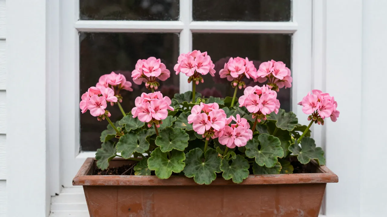 Terracotta window box of blooming pink geraniums below a white cottage window
