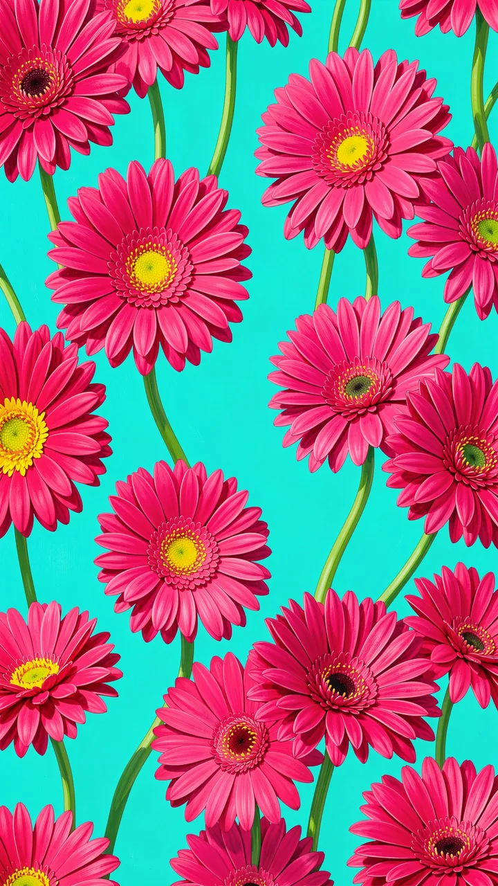 Seamless pattern of hot pink gerbera daisies with bright centers on a solid turquoise background