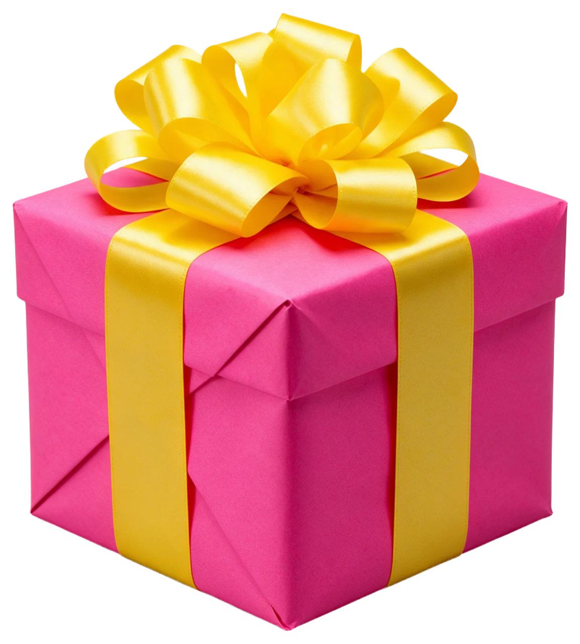 Square hot pink gift box topped with a large glossy yellow satin bow, viewed from a slight three-quarter angle