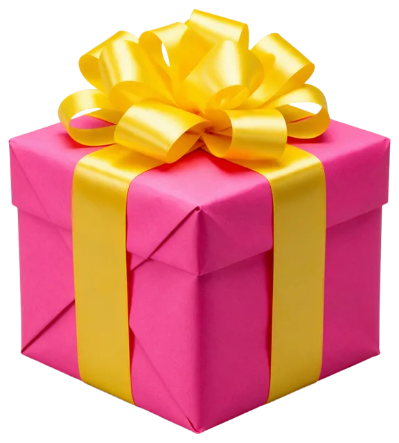 Square hot pink gift box topped with a large glossy yellow satin bow, viewed from a slight three-quarter angle