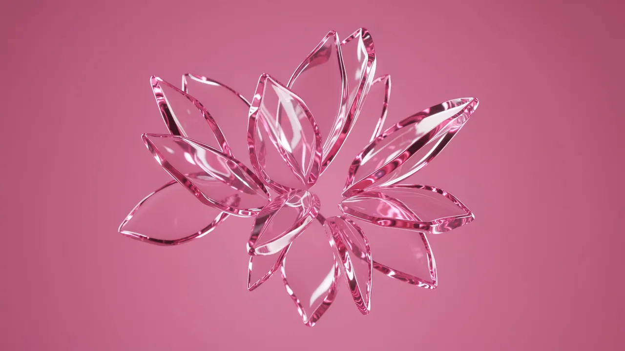 Transparent glossy glass flower petals float against a solid soft pink background