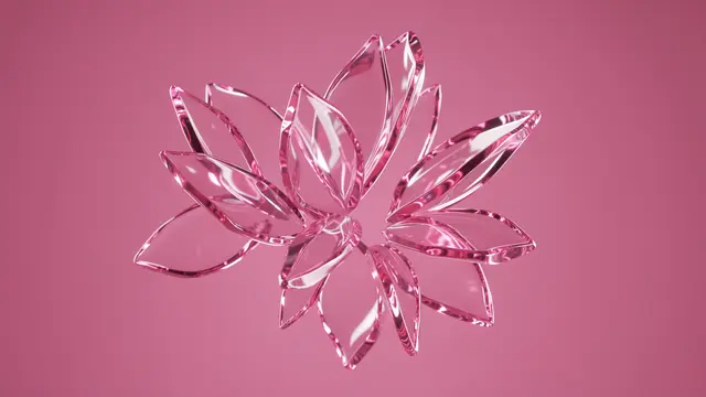 Transparent glossy glass flower petals float against a solid soft pink background