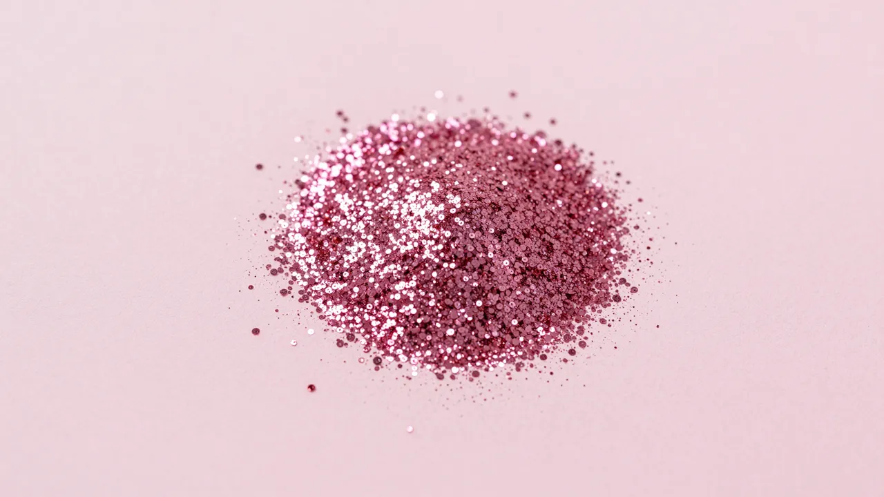 Top view of a pile of sparkling pink glitter scattered across a smooth pale pink paper surface