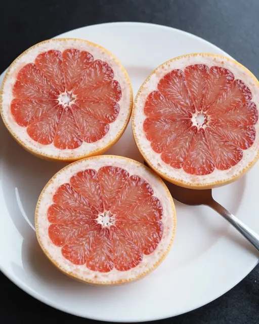 Three pink grapefruit halves arranged on a white plate with a metal spoon atop a dark countertop