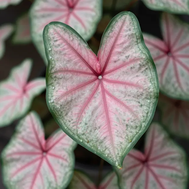 Close-up of a variegated caladium leaf with pink veins, water droplets, and blurred surrounding foliage in the background