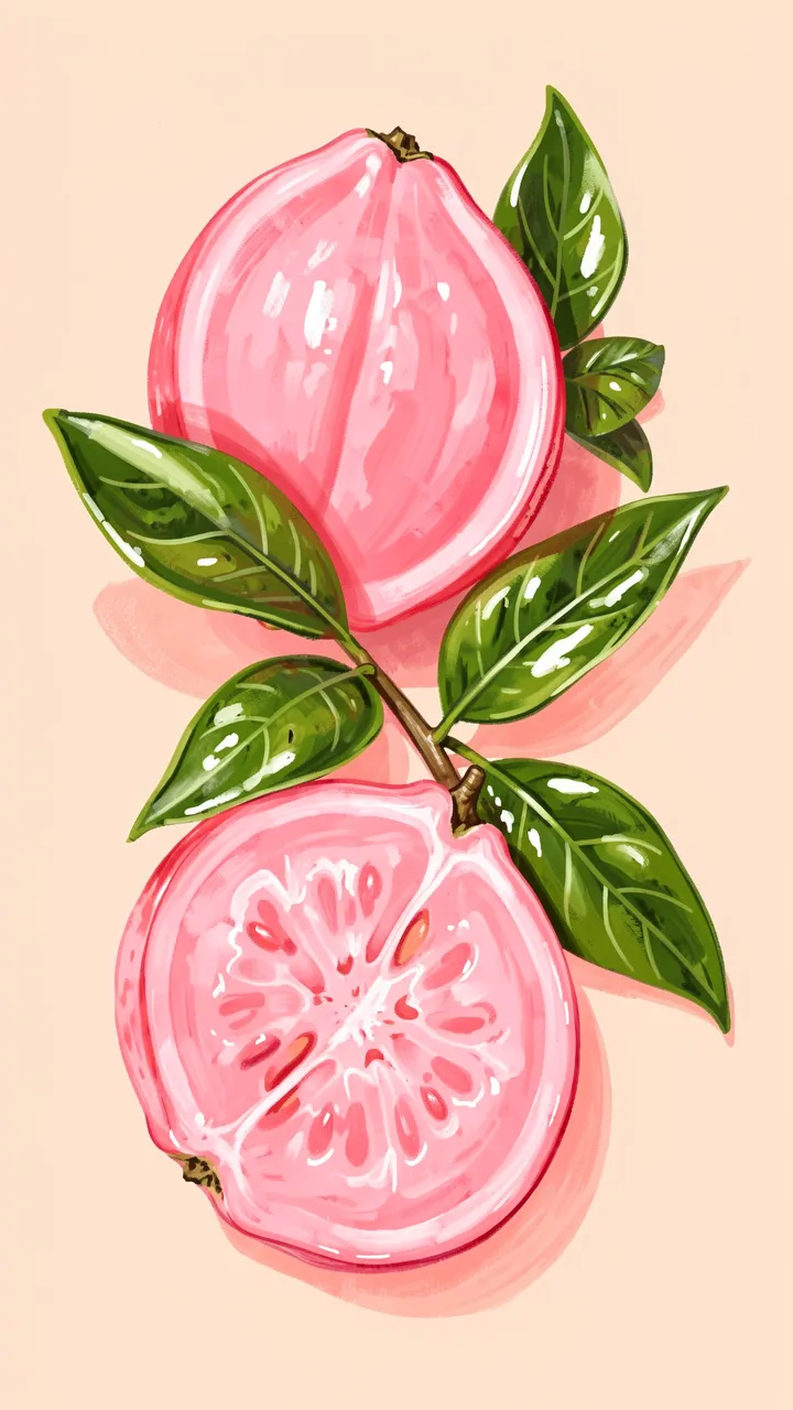 Gouache illustration of whole and halved pink guavas with glossy green leaves on a soft blush background