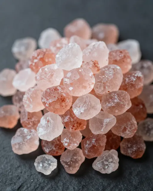 Close up macro shot of clustered pink halite salt crystals resting on a dark textured background