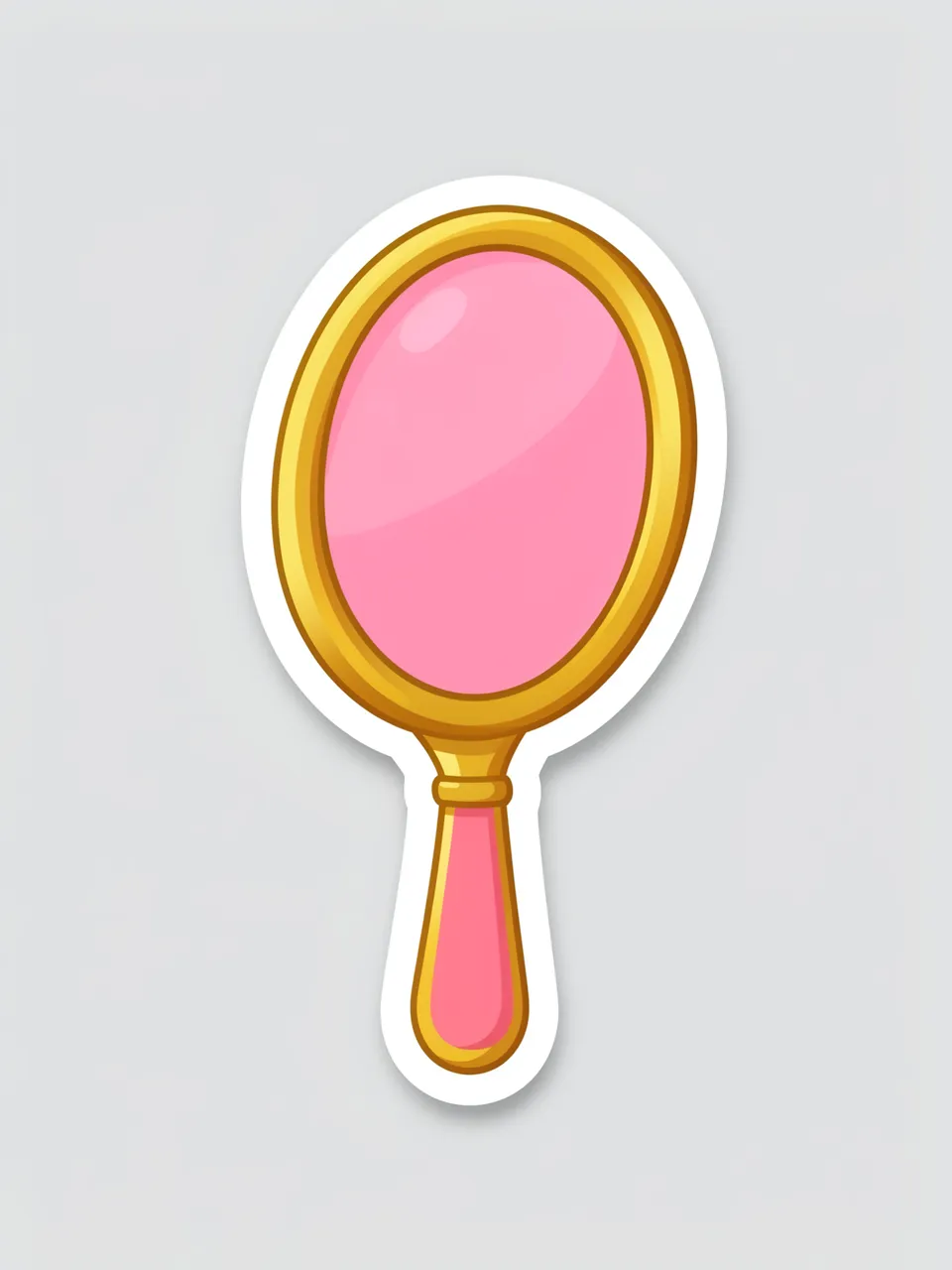 Die-cut sticker illustration of a gold-framed pink hand mirror on a plain light gray background
