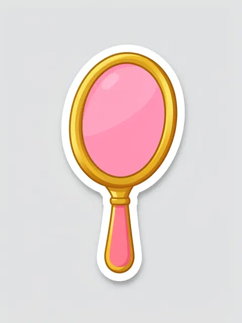 Die-cut sticker illustration of a gold-framed pink hand mirror on a plain light gray background