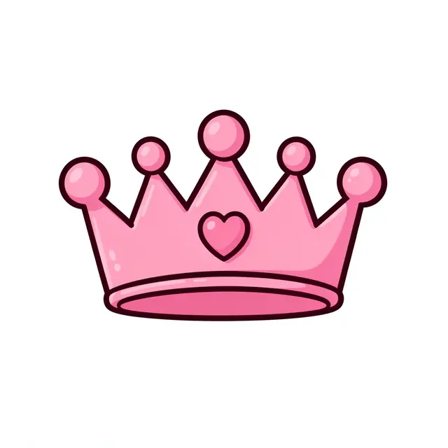 Cute cartoon illustration of a pink crown with a heart gem, isolated on a plain white background