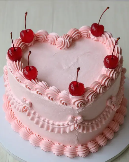 A pastel pink heart-shaped cake decorated with piped vintage frosting frills and bright red maraschino cherries.