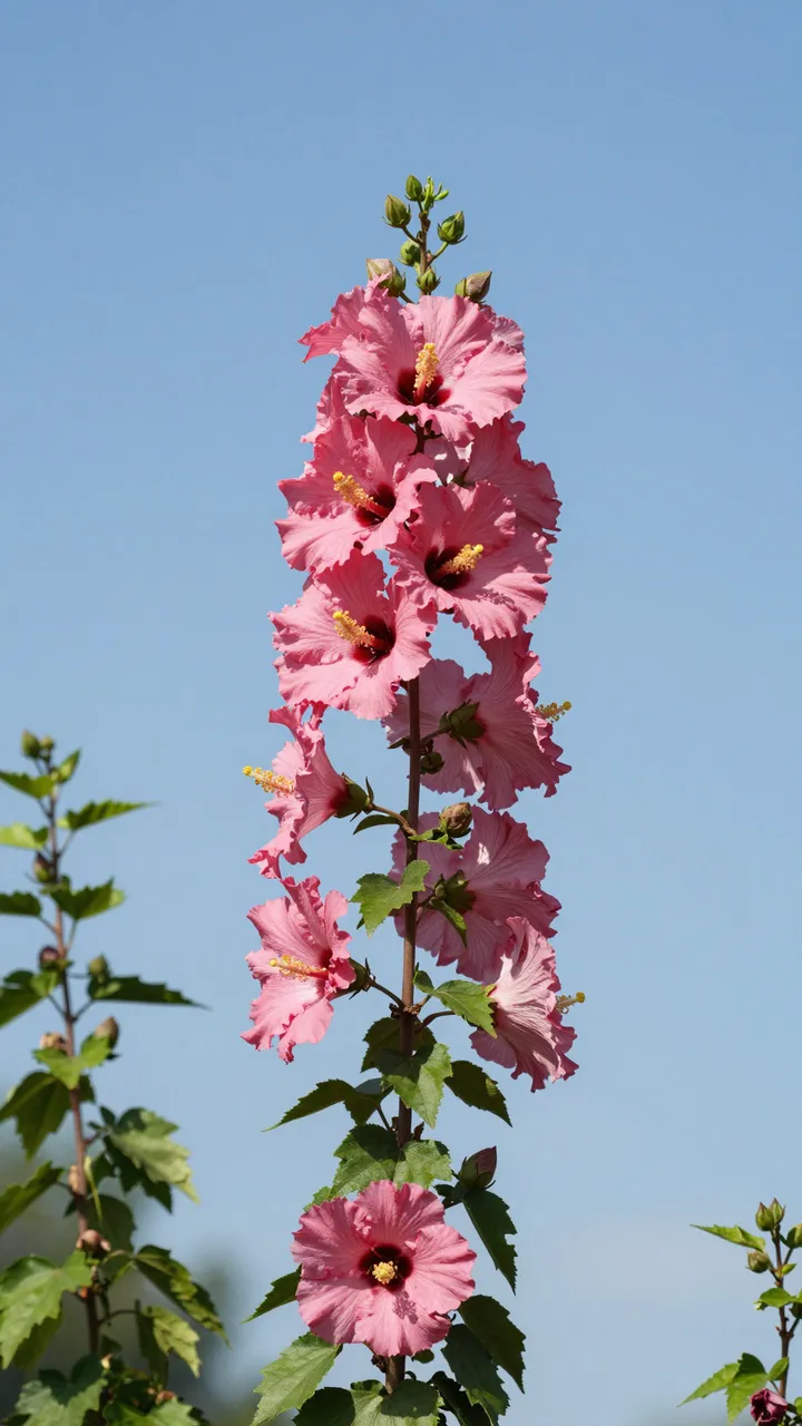 Vertical shot of a tall pink flowering hibiscus stem in full bloom against a clear bright blue sky