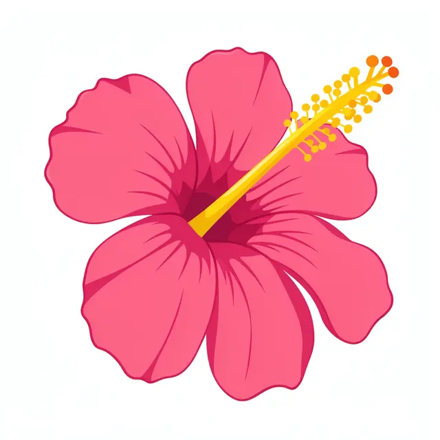 Flat clipart illustration of a pink hibiscus with a long yellow stamen isolated on a plain white background