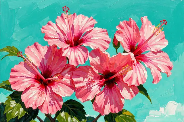 Bold brushstroke oil painting of pink hibiscus flowers against a bright turquoise sky