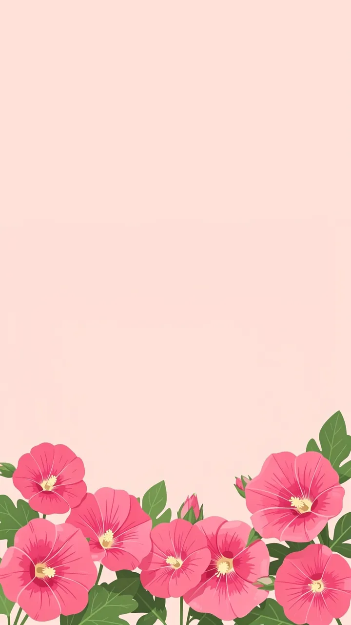 Vertical flat design with pink hollyhock flowers arranged along the bottom edge and empty blush pink space above.