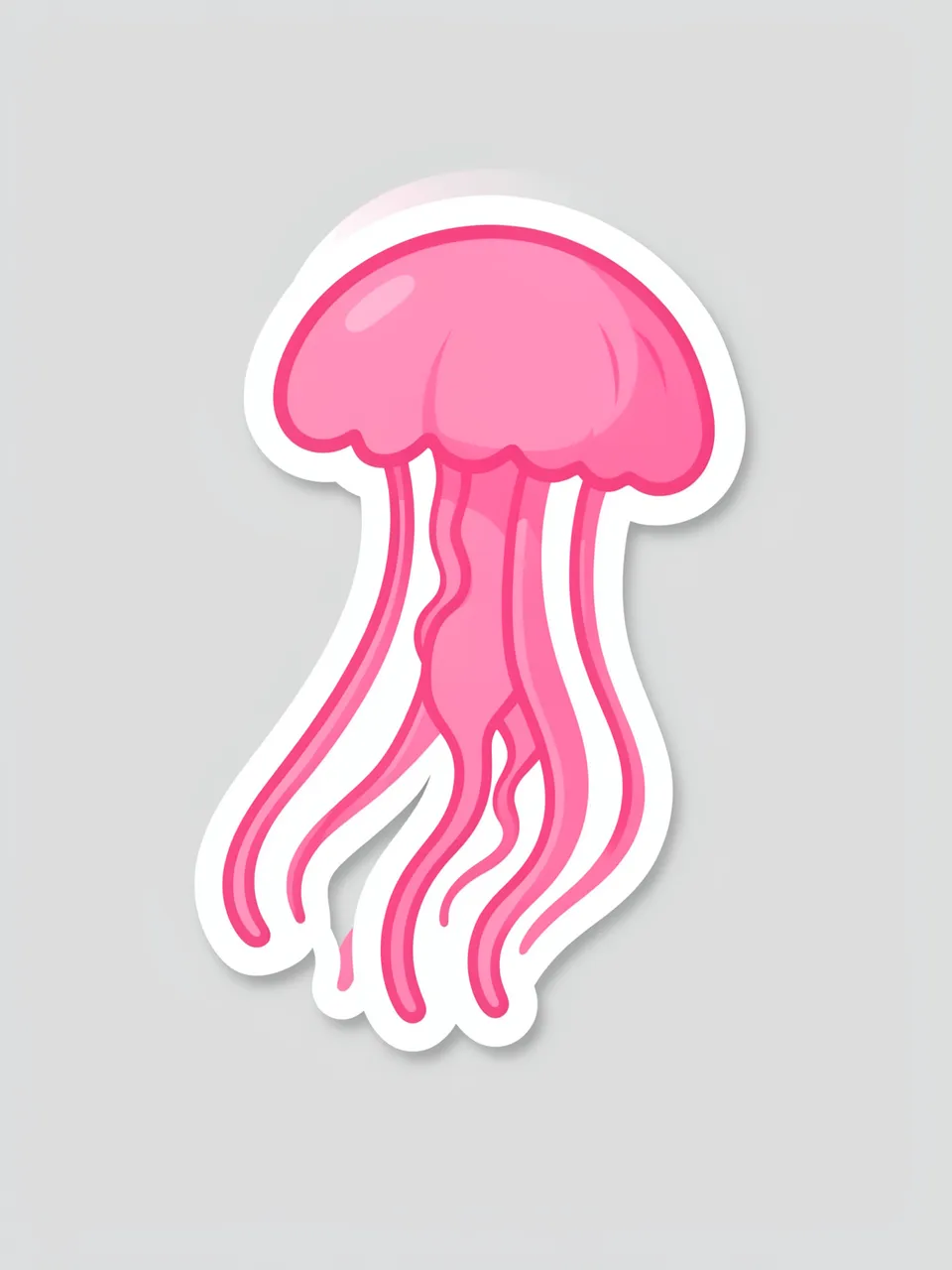 Cute flat illustration of a pink jellyfish sticker with a thick white border on a light gray background