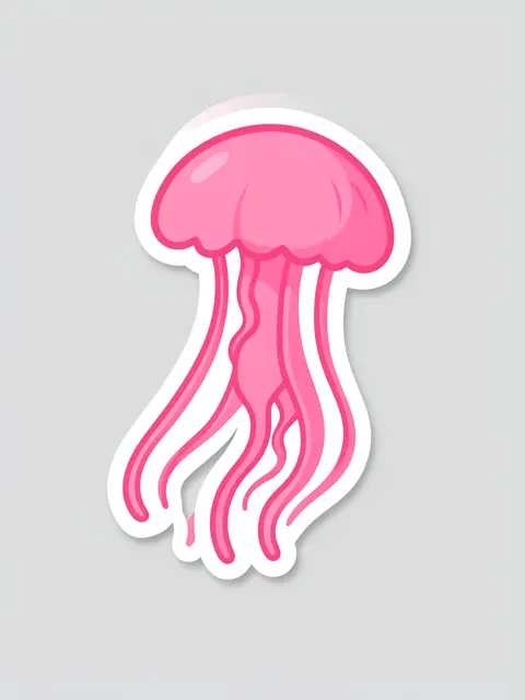Cute flat illustration of a pink jellyfish sticker with a thick white border on a light gray background