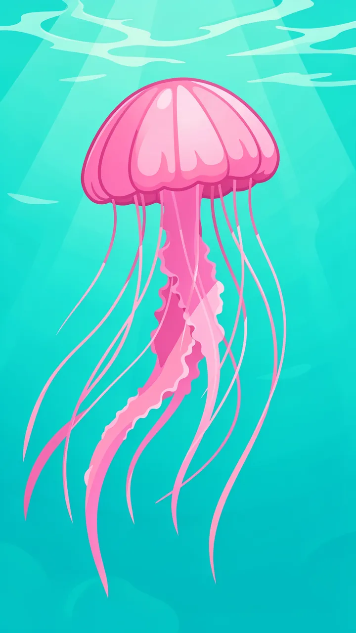 A pink jellyfish rises through sunlit turquoise ocean water with flowing trailing tentacles.
