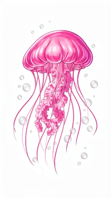 A glossy illustrated pink jellyfish floats surrounded by clear bubbles against a plain white background