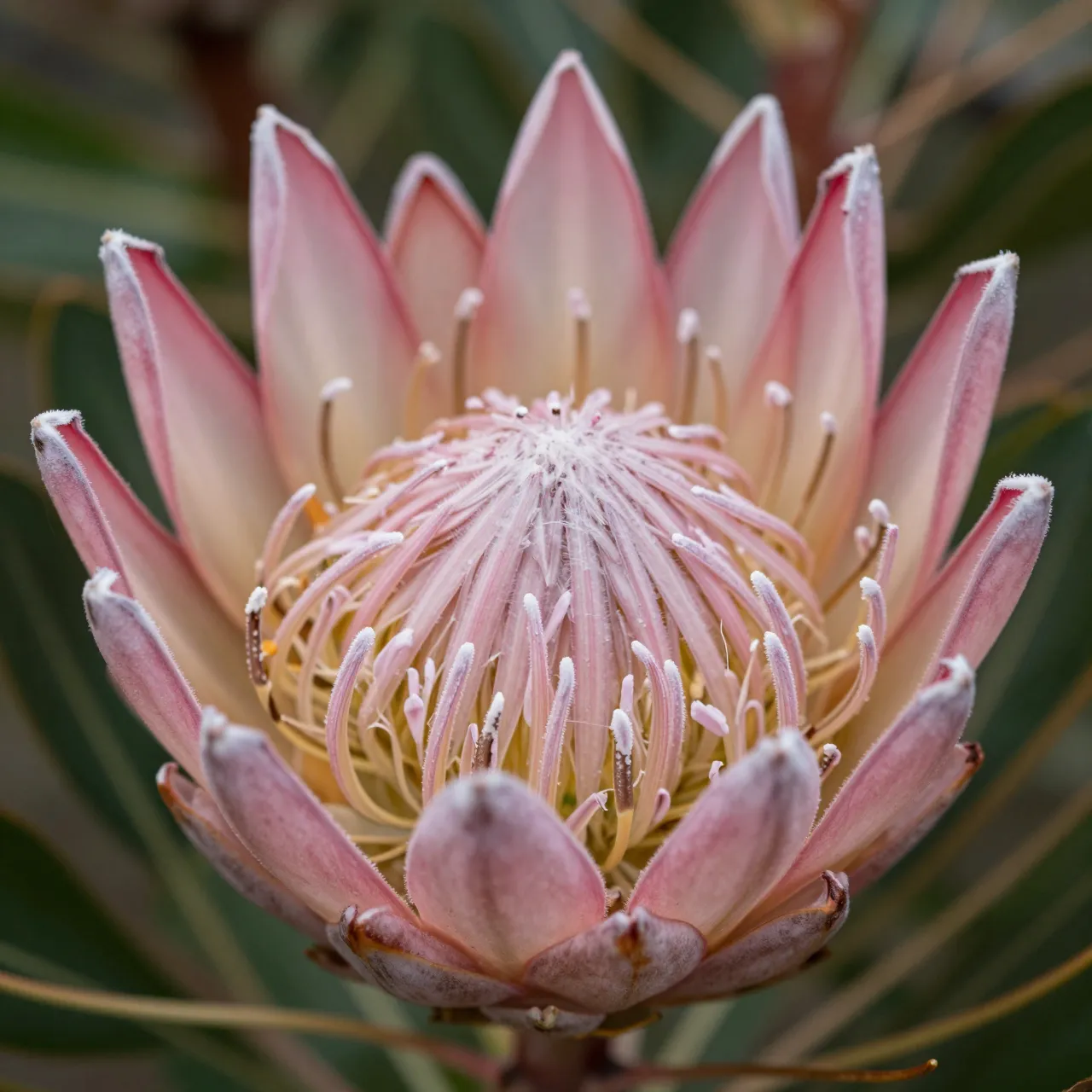 Close-up macro shot of a fully open pink king protea flower with delicate central floral structures
