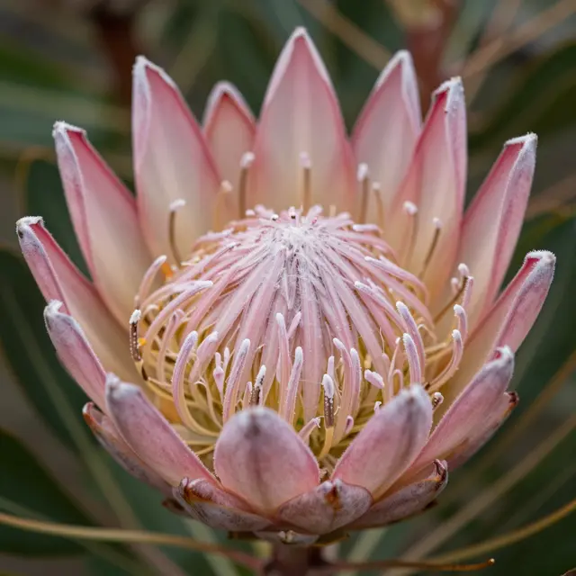 Close-up macro shot of a fully open pink king protea flower with delicate central floral structures