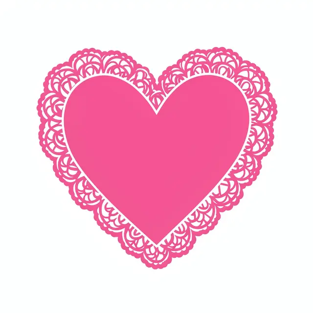 Flat pink heart illustration with a decorative lace border isolated on a plain white background