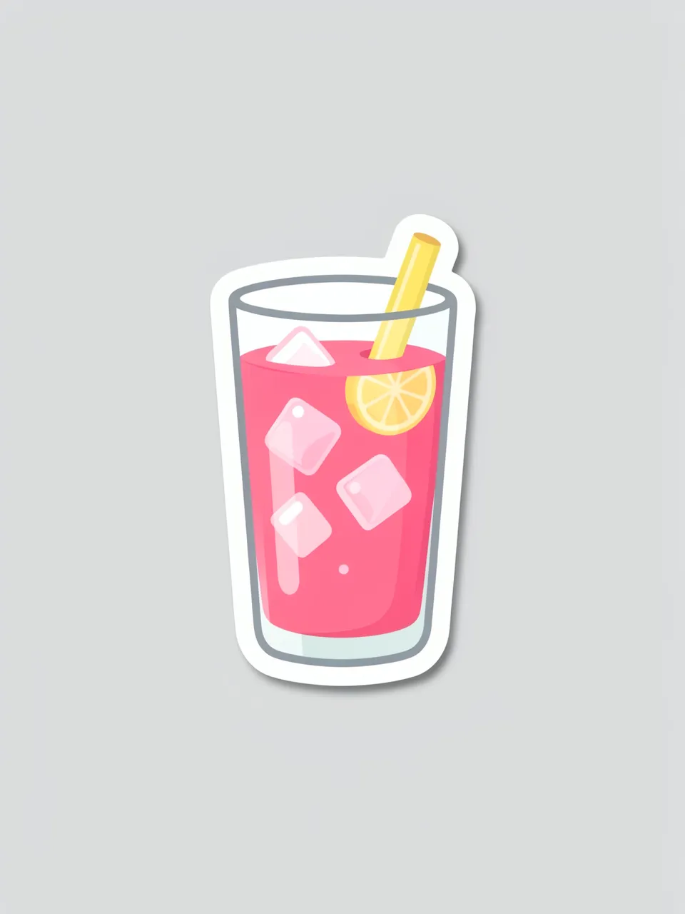 Cute flat illustration sticker of a glass of pink lemonade with ice, a lemon slice, and a straw on a light gray background
