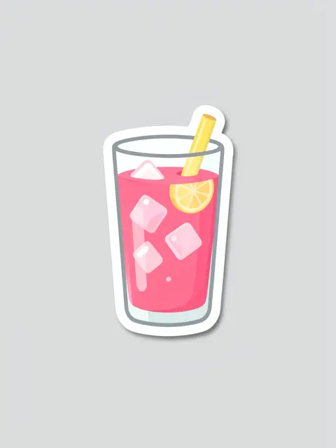 Cute flat illustration sticker of a glass of pink lemonade with ice, a lemon slice, and a straw on a light gray background