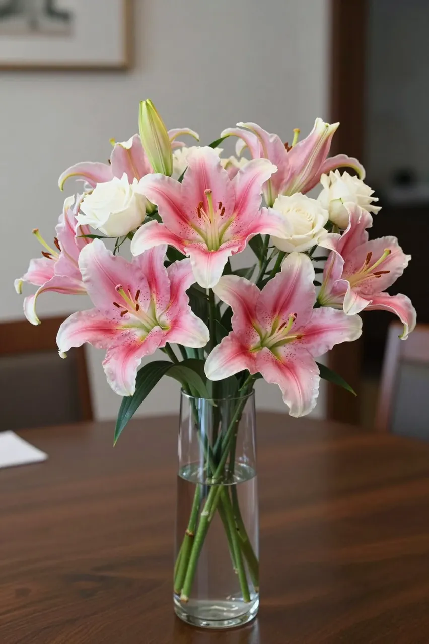 A bouquet of pink oriental lilies and white roses sits in a tall clear glass vase on a wooden dining table.