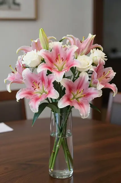 A bouquet of pink oriental lilies and white roses sits in a tall clear glass vase on a wooden dining table.