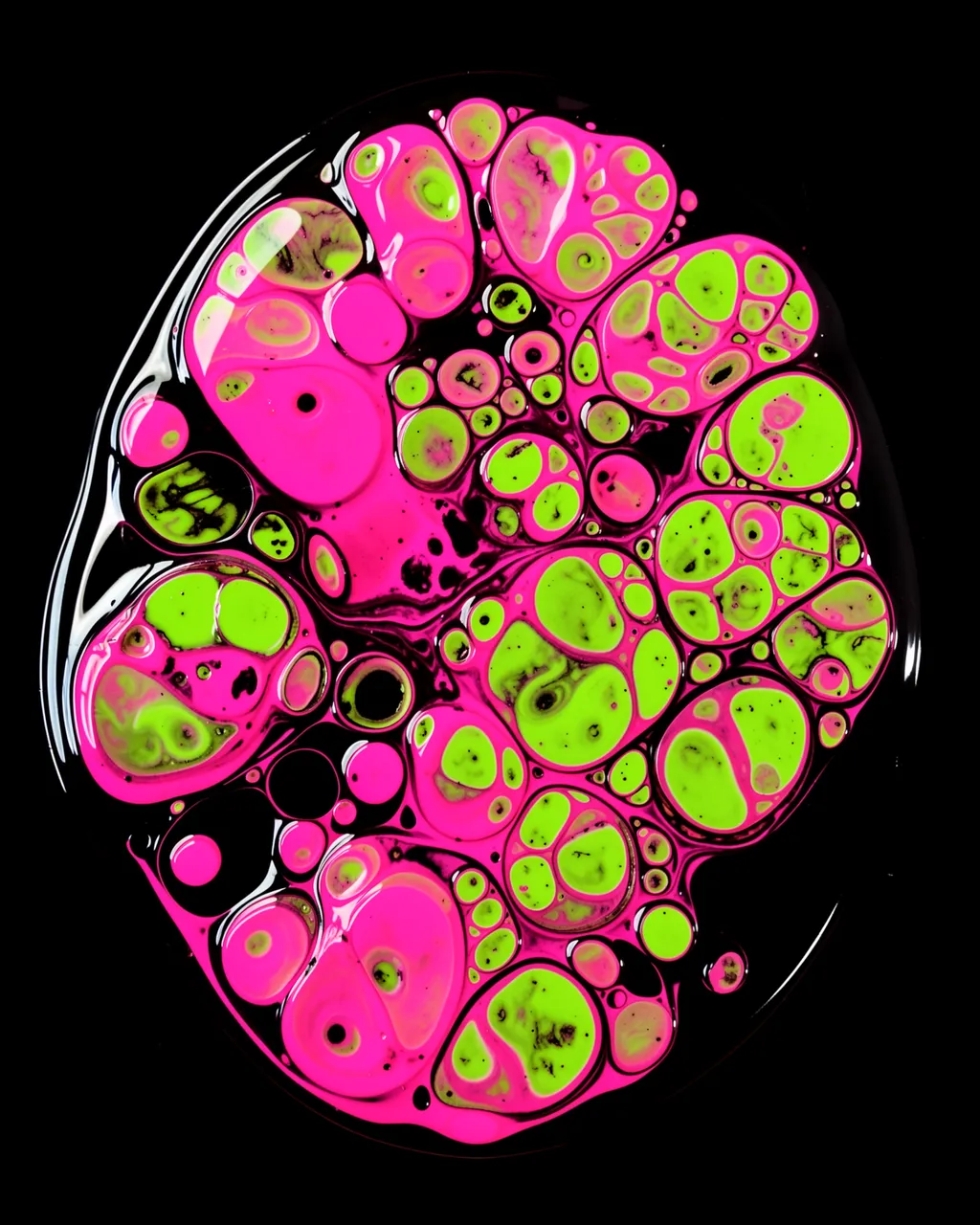 Glossy hot pink and lime green fluid cells float against a solid black background