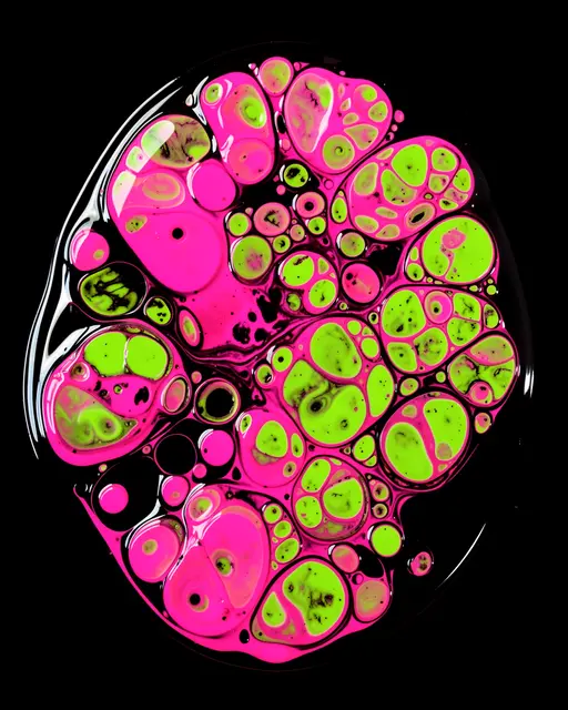 Glossy hot pink and lime green fluid cells float against a solid black background
