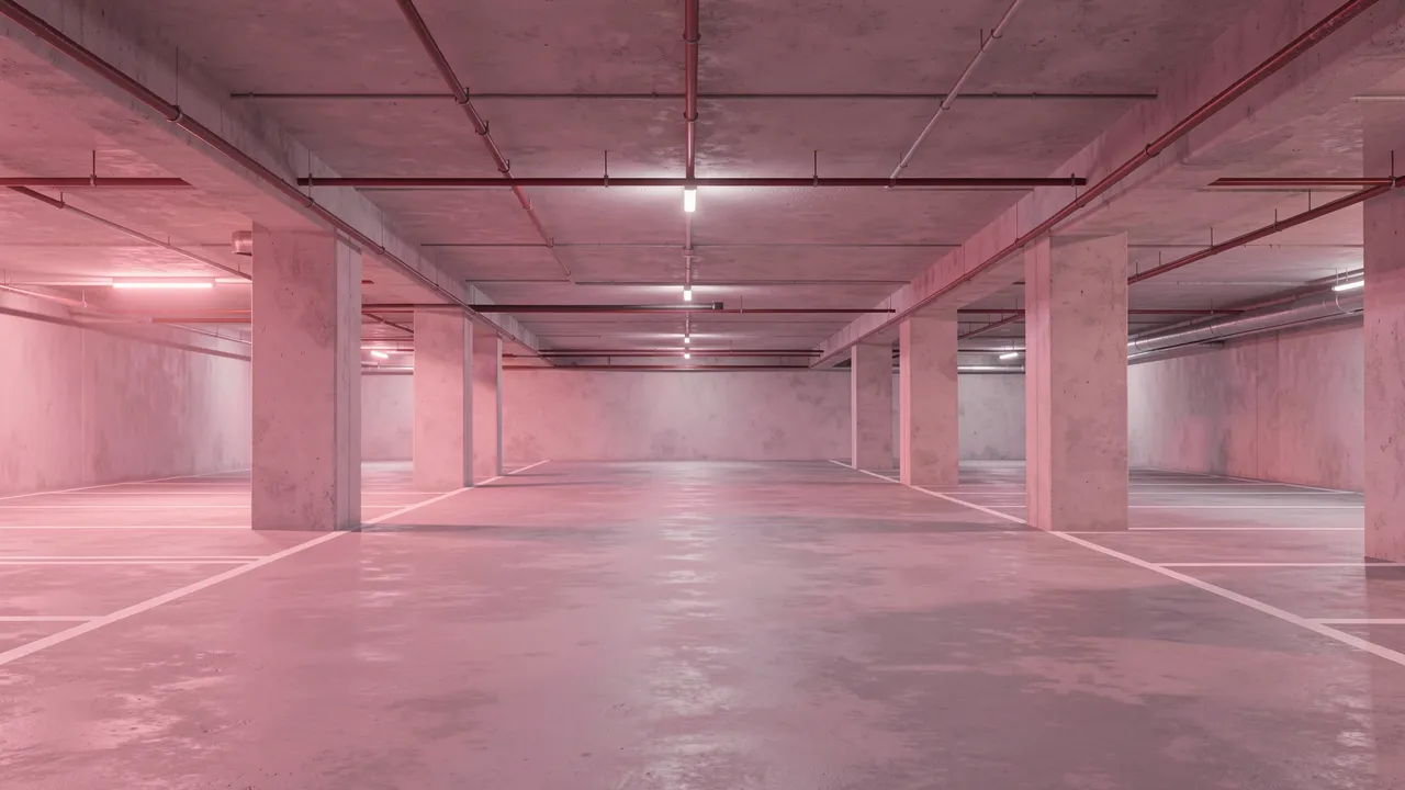 Empty concrete underground parking garage bathed in soft warm pink overhead lighting