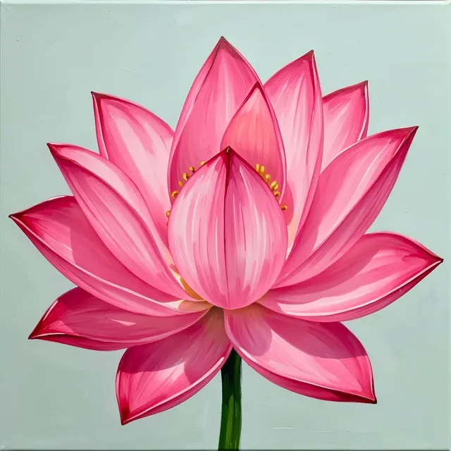 Bold smooth acrylic painting of a single fully open pink lotus flower against a pale mint background