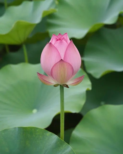 Tight pink lotus flower bud stands tall above broad round green lily pad leaves