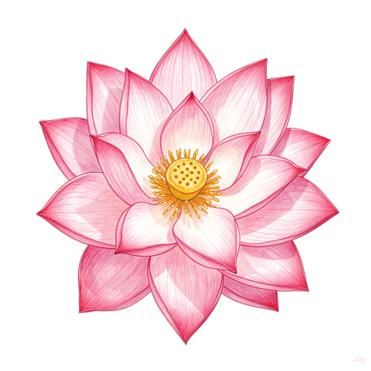 Top-down colored pencil illustration of a pink lotus flower with layered petals and a golden center on a white background