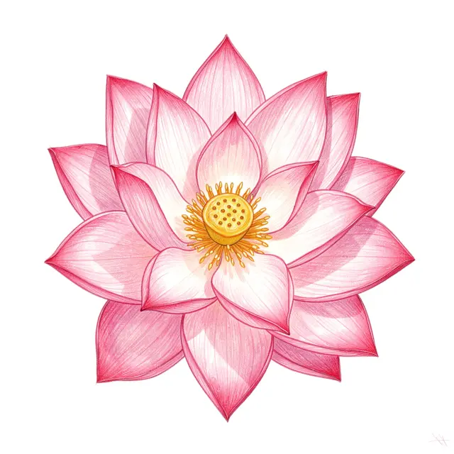 Top-down colored pencil illustration of a pink lotus flower with layered petals and a golden center on a white background