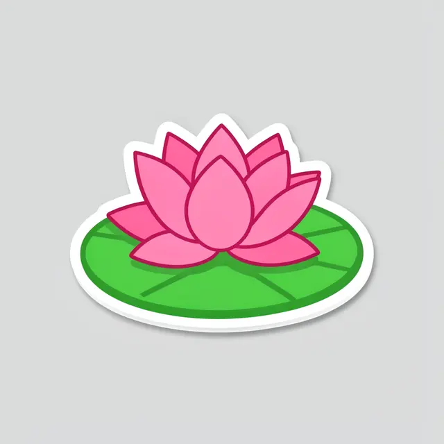 Die-cut sticker illustration of a pink lotus flower on a green lily pad with a white border, set on a plain light gray