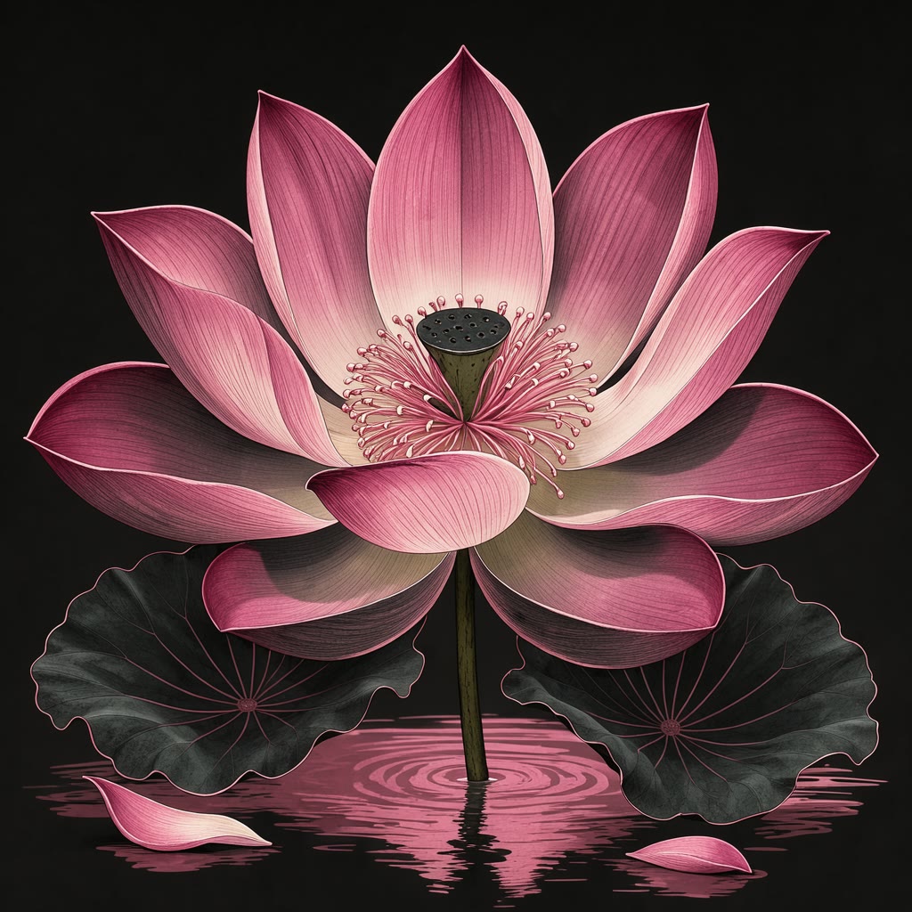 Pink Lotus On Black Background — Free Stock Illustration (HD JPG ...