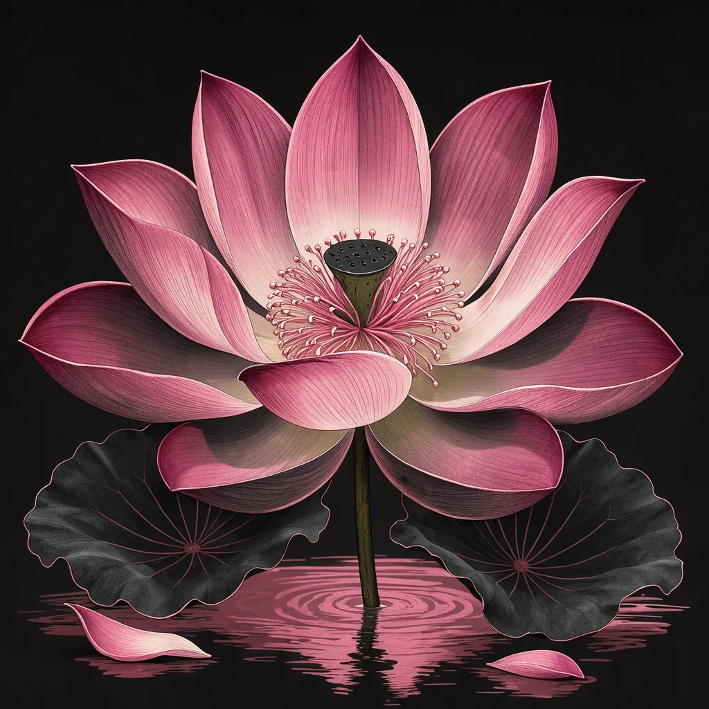Detailed illustrated pink lotus flower with dark leaves rising from rippled pink water against a solid black backdrop