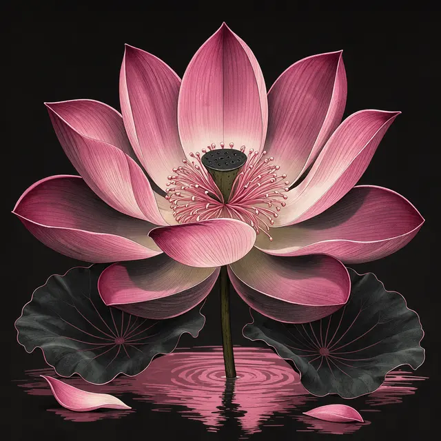 Detailed illustrated pink lotus flower with dark leaves rising from rippled pink water against a solid black backdrop