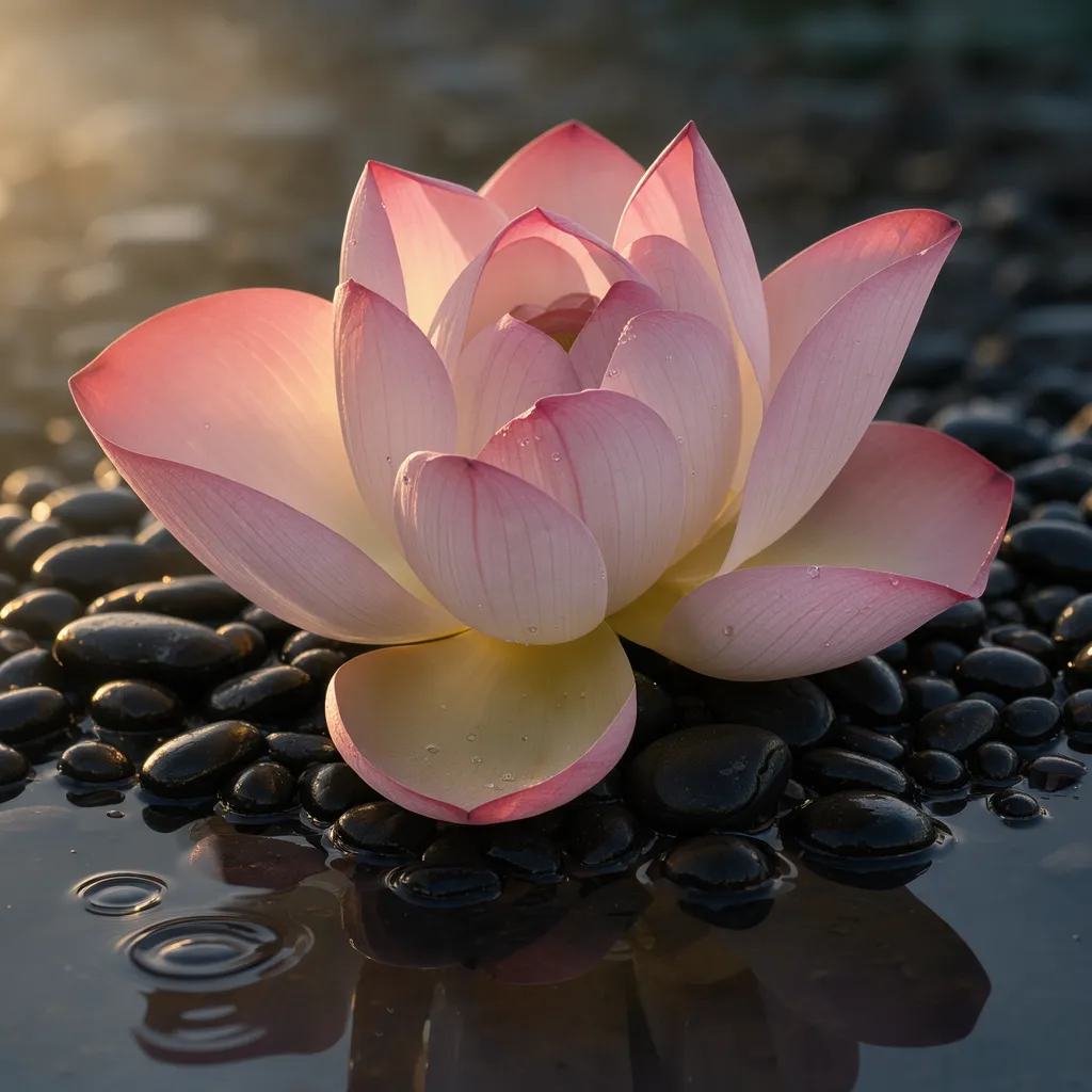 A blooming pink lotus flower rests on smooth black wet pebbles beside calm rippled water with soft warm lighting