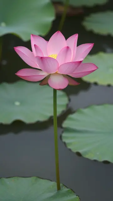 A fully bloomed pink lotus flower stands tall above a dark calm pond surrounded by green lily pads