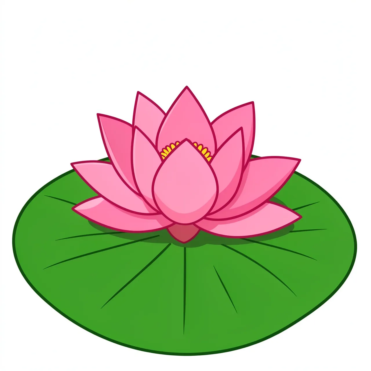 Flat clipart illustration of a pink lotus flower resting on a round green lily pad on a white background