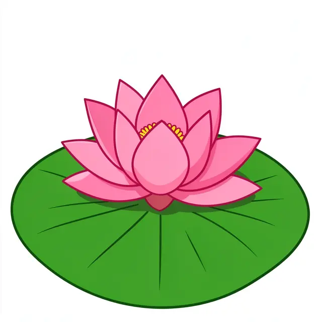 Flat clipart illustration of a pink lotus flower resting on a round green lily pad on a white background