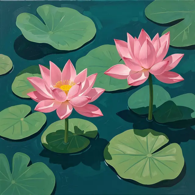Gouache painting of two pink lotus flowers and green lily pads floating on deep teal pond water