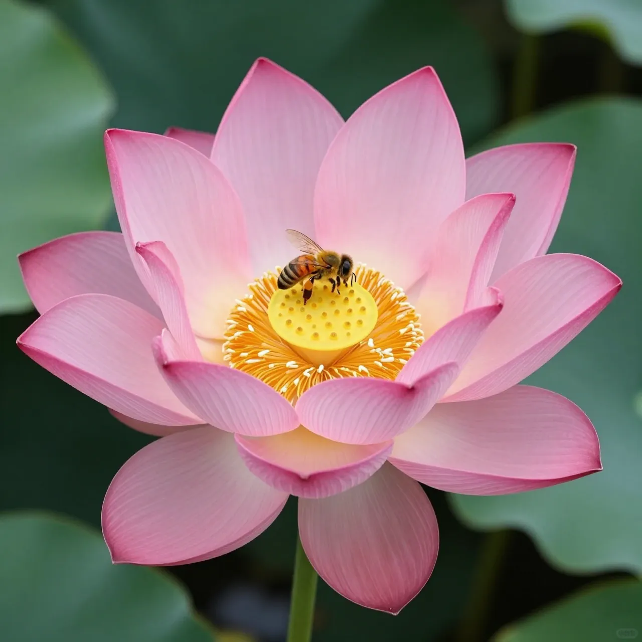 A fully open pink lotus flower has a honey bee resting on its yellow center surrounded by green lily pads